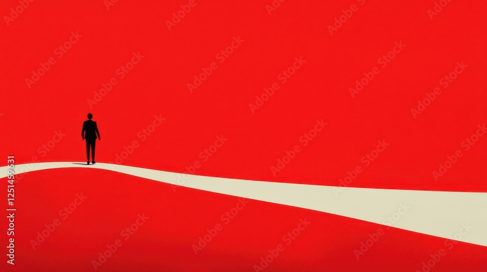 Poster solitary figure walking on wavy path abstract red background minimalist art conceptual environment c