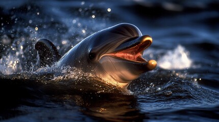 Naklejka premium Dolphin's Delight: A Majestic Marine Mammal Emerging from the Ocean's Embrace at Sunset