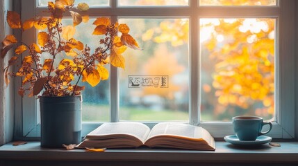 Cozy autumn window vector set. Window with autumn view, book and coffee cup on the windowsill. Autumn element. Autumn clipart. Seasonal view from window. Flat vector in cartoon style isolated on white