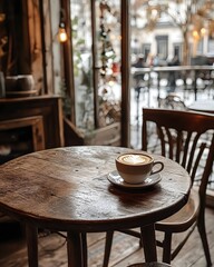 Coffee art on rustic wooden table in cozy cafe setting with blurred street view outside