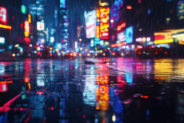 Fototapeta premium Pedestrians hurriedly walking through colorful city streets as rain pours down under glowing neon lights, creating a vibrant and dynamic scene.