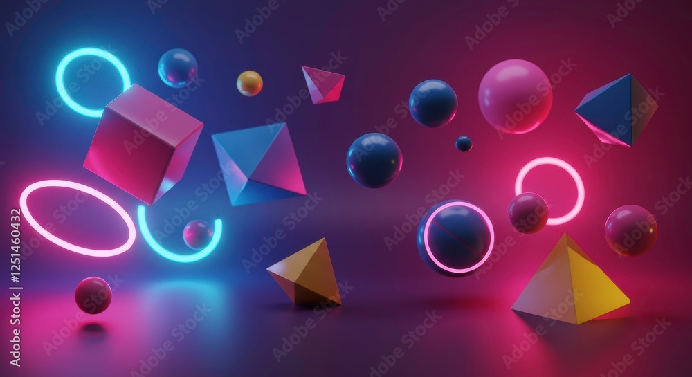 Poster neon geometric abstract: vibrant, colorful spheres and geometric shapes float in a dynamic, abstract