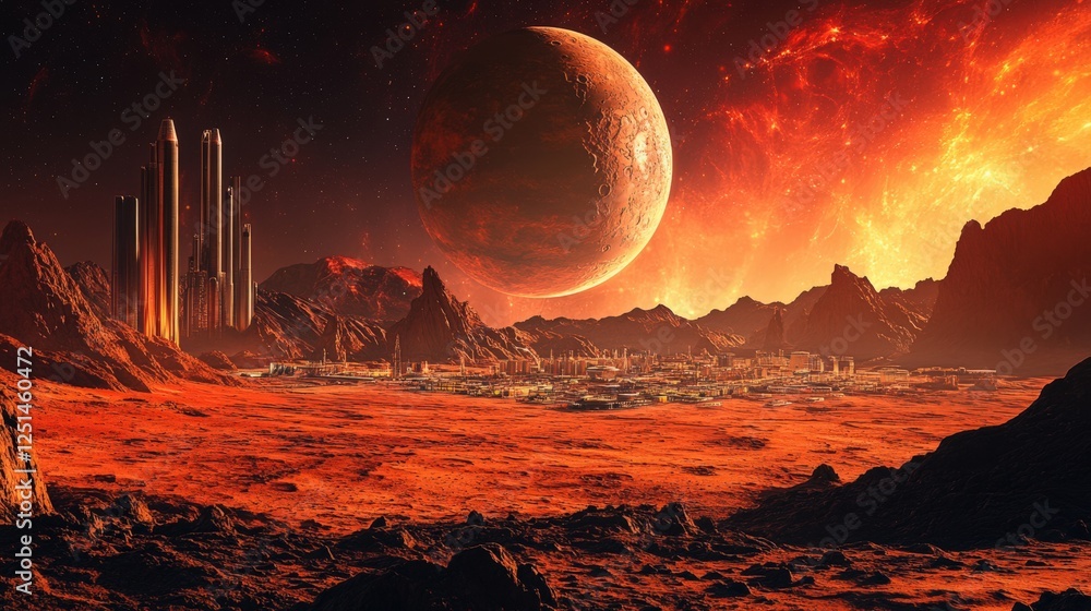 Canvas Prints a planet with a large red moon and a city in the distance