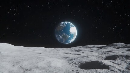 Gazing at the Earth from the Surface of the Moon Under a Starry Sky