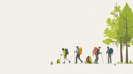 Naklejka premium Hikers walking through forest, tranquil scene, outdoors activity, illustration