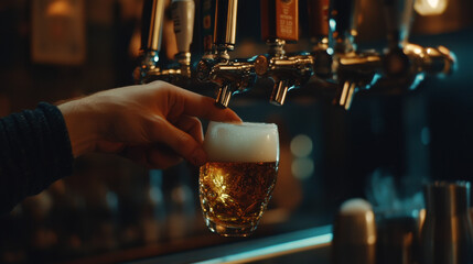 A bartender&acirc;&euro;&trade;s hand carefully pouring a draft lager from the beer tap in a close-up shot