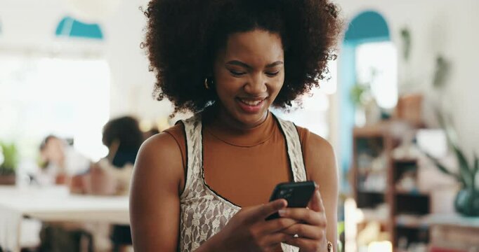 Woman, happy or phone in small business for social media, service review or positive feedback. Entrepreneur, mobile or smile in design studio for good news, networking or pleased with filled schedule
