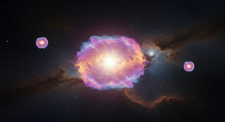 Cosmic Explosion: A vibrant nebula swirls in the cosmic expanse, radiating ethereal hues of pink and blue as a supernova bursts forth in a dazzling display of stellar energy.
