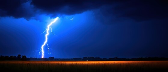 Dramatic lightning bolt strikes over golden field during powerful thunderstorm at night