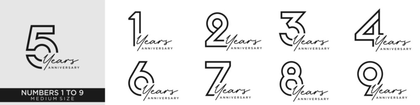 collection of 1 to 9 year anniversary logotype design, for celebration event, wedding, greeting card, and invitation, vector illustration