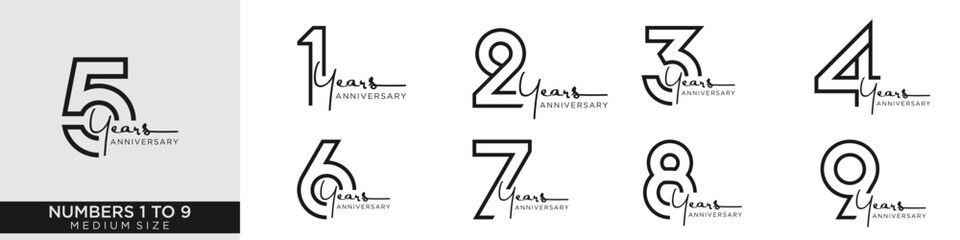 collection of 1 to 9 year anniversary logotype design, for celebration event, wedding, greeting card, and invitation, vector illustration