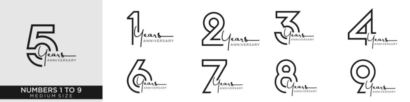 collection of 1 to 9 year anniversary logotype design, for celebration event, wedding, greeting card, and invitation, vector illustration