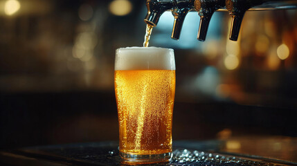 A refreshing light draft beer being poured from a pub tap into a glass