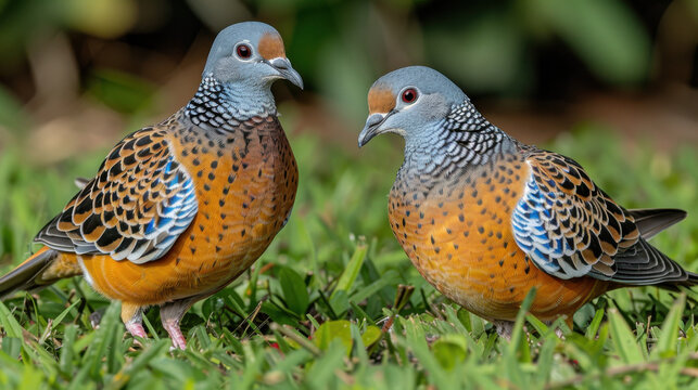 Close up of two European turtle doves standing on green grass, showcasing their vibrant plumage and intricate patterns
