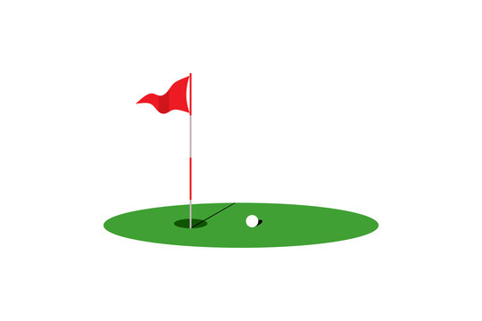 Simple golf green field and flying golf flag vector illustration.