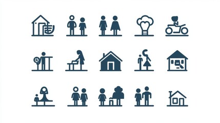 Family icon set. Containing parents, mother, father, children, baby, grandparents and household icons. Solid icon collection. Vector illustration.