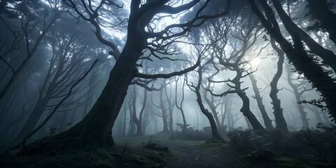 Obraz premium Mysterious Enchanted Forest at Night, Shrouded in Fog and Magic, with Lurking Creatures and an Ominous Atmosphere