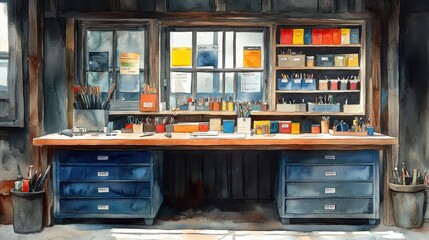 Watercolor art studio workbench, supplies organized, workshop interior, posters on wall