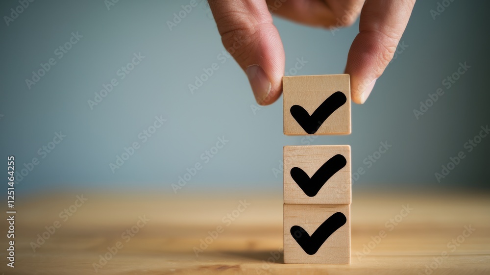 Aufkleber achieving goals: stacked wooden blocks with checkmarks symbolizing task completion and success