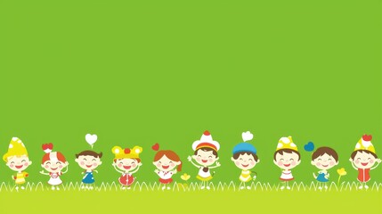 Naklejka premium Children in costumes on green background; illustration for children's book or website; possible use education, entertainment
