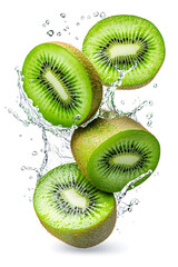 Floating Kiwi fruit with juicy splashes, isolated on white background