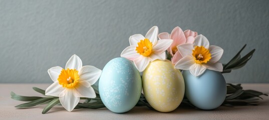 Easter Spring Still Life Delicate Pastel Easter Eggs and White and Peach Daffodils on Table
