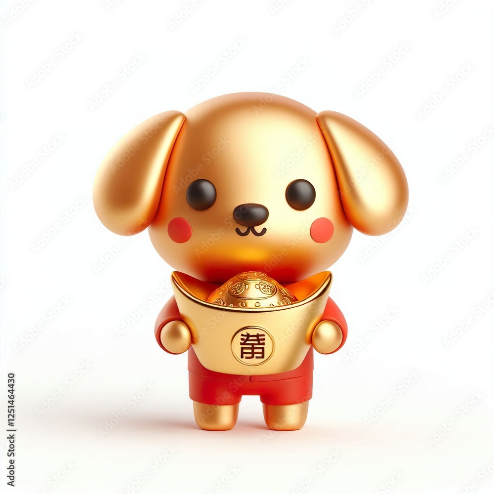 Wall mural 3D Chinese New Year cute gold red dog character holds an Ingot on a white background