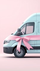 Light blue van with pink ribbon, studio shot. Possible gift delivery