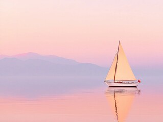 Fototapeta premium Sailing at sunrise tranquil yacht on serene water lake peaceful environment