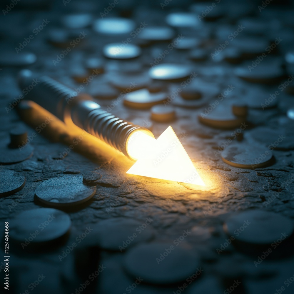 Poster glowing directional marker illuminating dark surface abstract geometric design featuring light and s