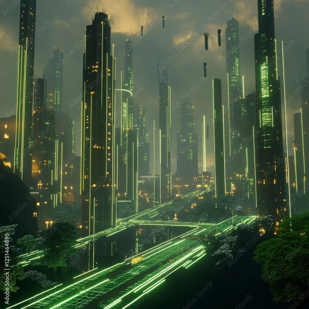 Poster glowing green futuristic cityscape at night keywords are provided for better understanding of the pi