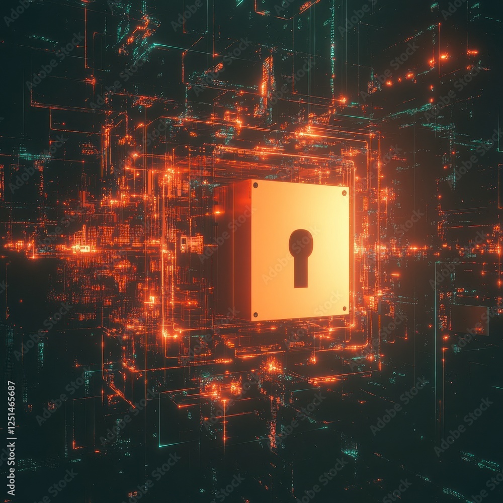 Poster glowing orange cube with keyhole in abstract digital spacewith energy field and circuit board design