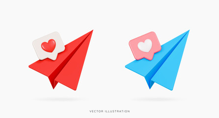 3D Paper airplane with like button. Social media notification, share and comment. Send message. Online communication. Emoji icon set. Cartoon design icons isolated on white. 3D Vector illustration