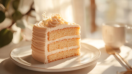 A slice of layer cake with frosting, adorned with small white flowers, rests on a plate, basking in gentle sunlight.