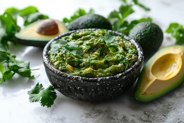 Sliced Avocado next to a dark bowl of Guacamole, placed on glossy white surface. 