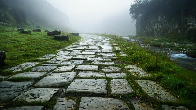 Beautiful photograph of an ancient Roman road made from stone pavers in a misty river valley, captured with a long exposure. 