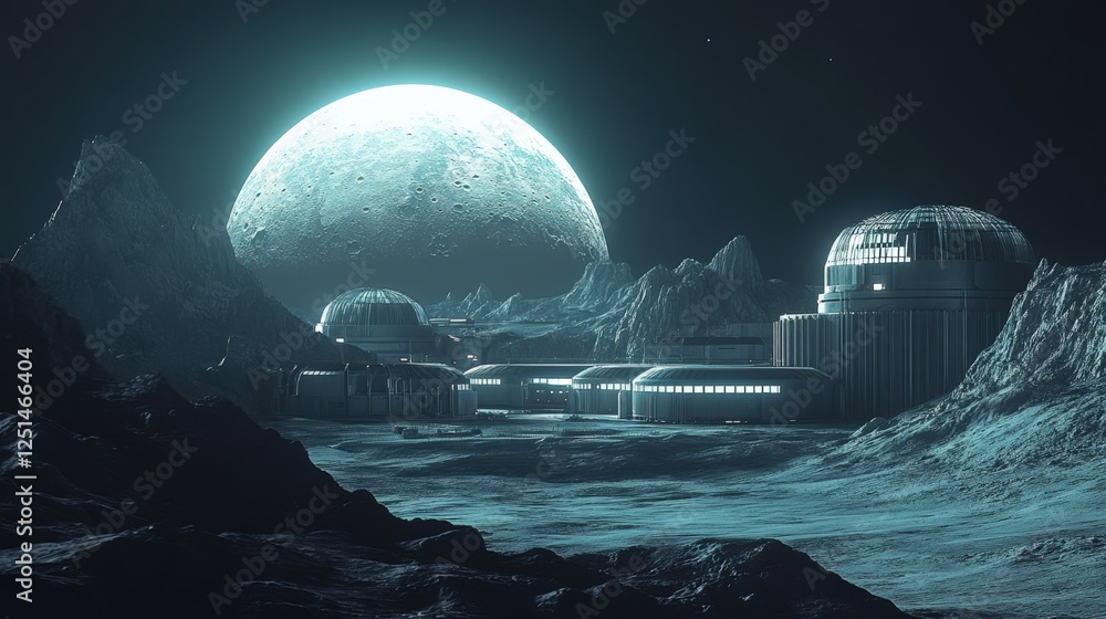 Canvas Prints a planet with a large moon and a few buildings