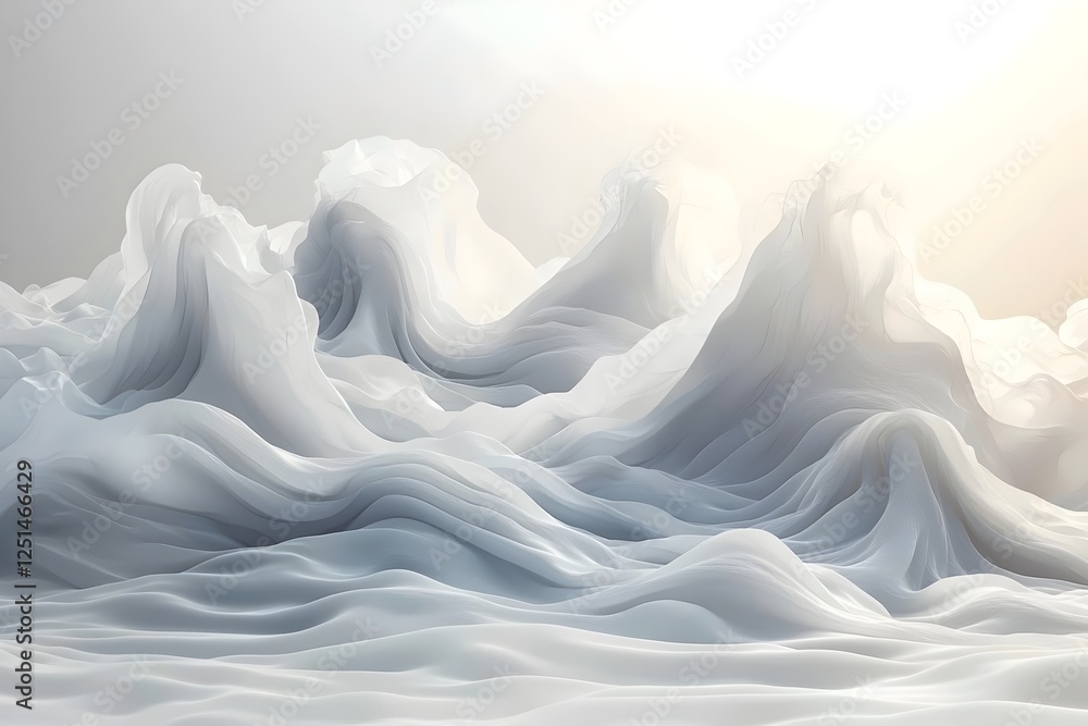 Poster an abstract representation of soft, flowing waves in white and light gray tones, creating a serene a