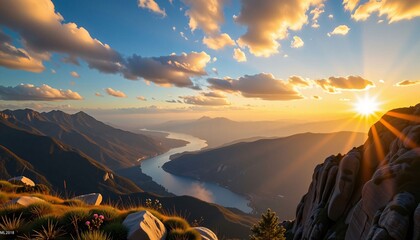 Golden sunrise over winding river in vast mountain valley with dramatic sky

