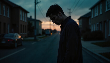 Man feeling shame standing on street at dusk