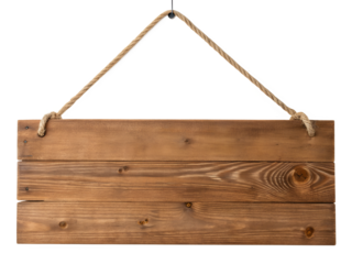 Wooden sign hanging with rope in natural setting