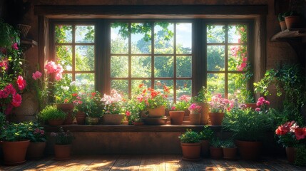 Rustic window garden, sunlight streams in, flowers, summer garden view