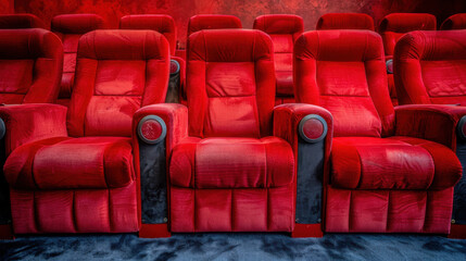 Obraz premium Luxurious red cinema seats arranged in spacious theater setting, inviting comfort and relaxation