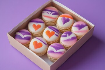 Pastel colored macarons with heart decorations in a pink box