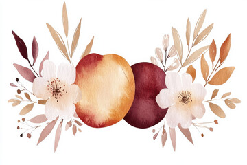 Watercolor illustration of plums with floral accents