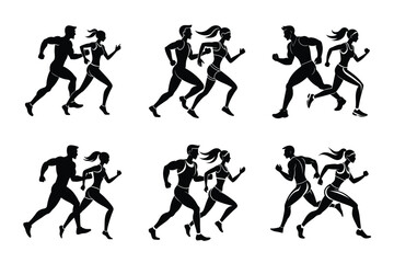Running Couple Silhouette Vector Set – Man and Woman Jogging Illustrations for Fitness, Sports, Marathon, Gym, Workout, Athletic Training, Health, T-Shirts, Stickers, and Graphic Design Projects
