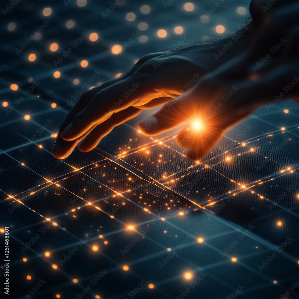 Aufkleber hands interacting with glowing digital grid pattern