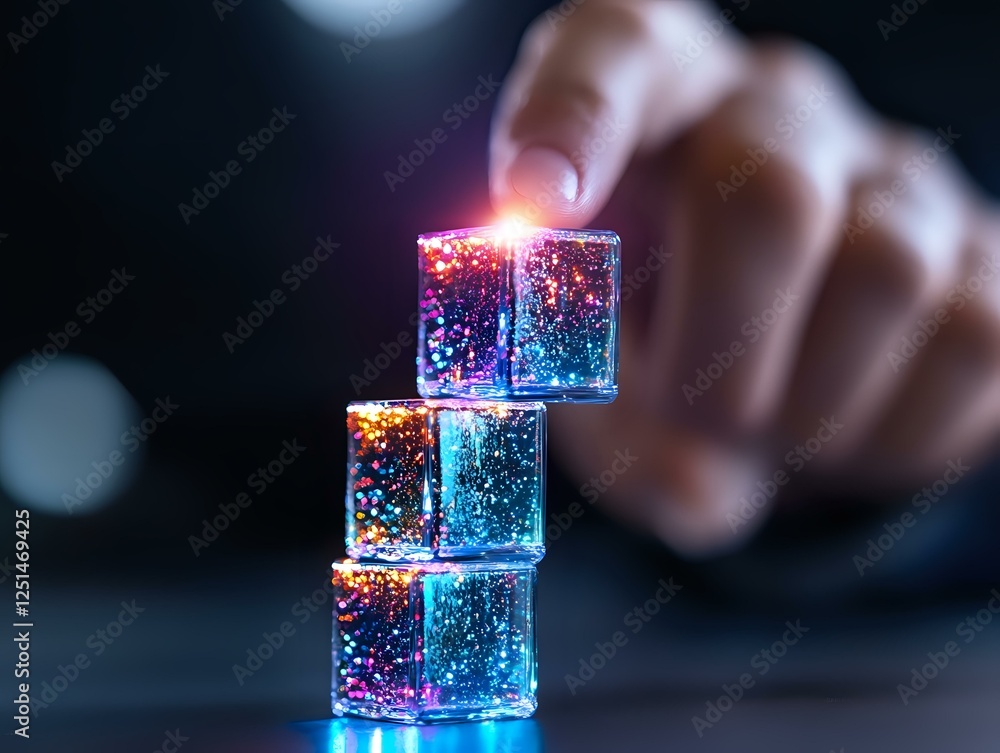 Poster glowing translucent cubes stacked in creative composition with colorful light effects and bokeh back