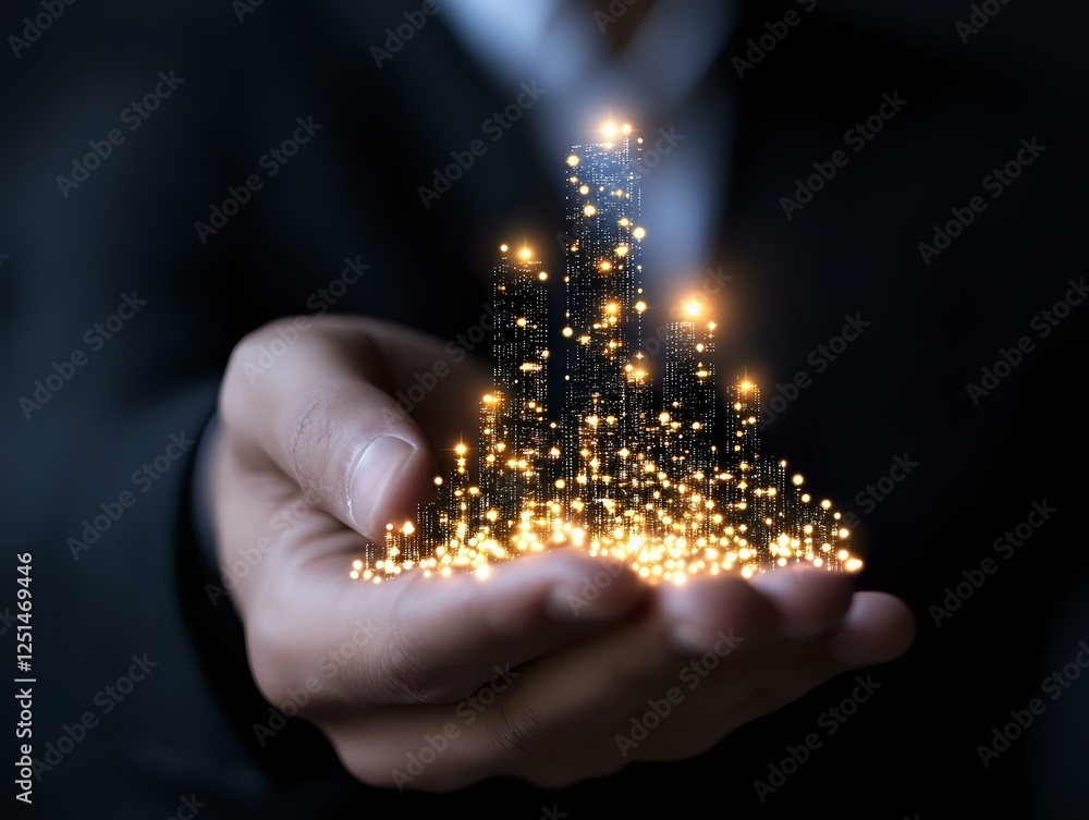 Poster glowing golden city skyline silhouette floating above open palm, magical light particles creating ur