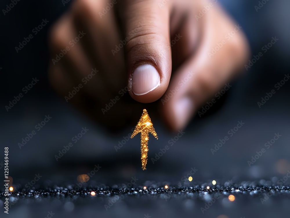 Poster glowing golden arrow floating between fingers against dark background with sparkles, representing bu